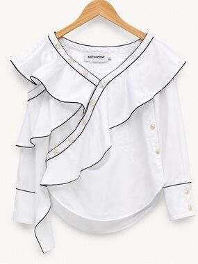 Self-Portrait White Button-Down Ruffle Shirt with Black Trim